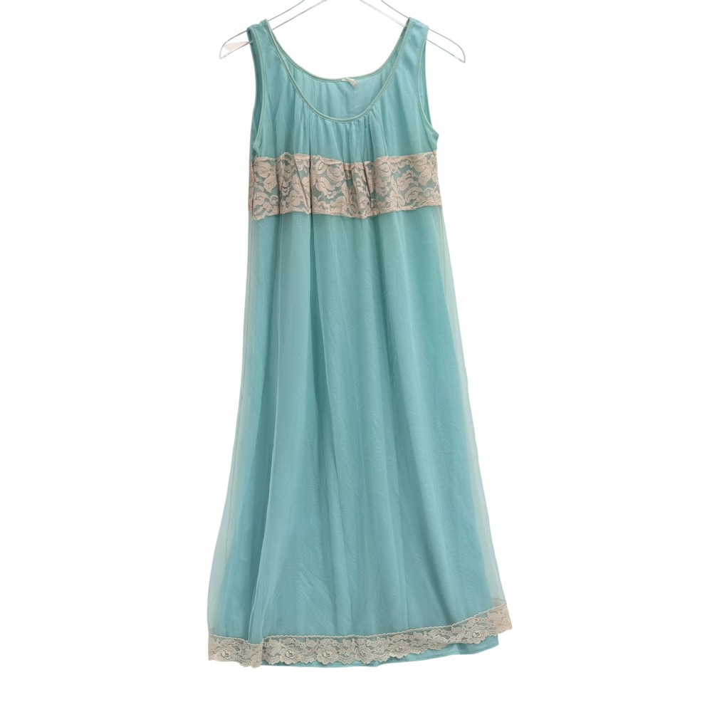 Vintage Nightgown Maxi Dress Size M Aqua Blue Lace Trim Mesh Sleeveless Romantic